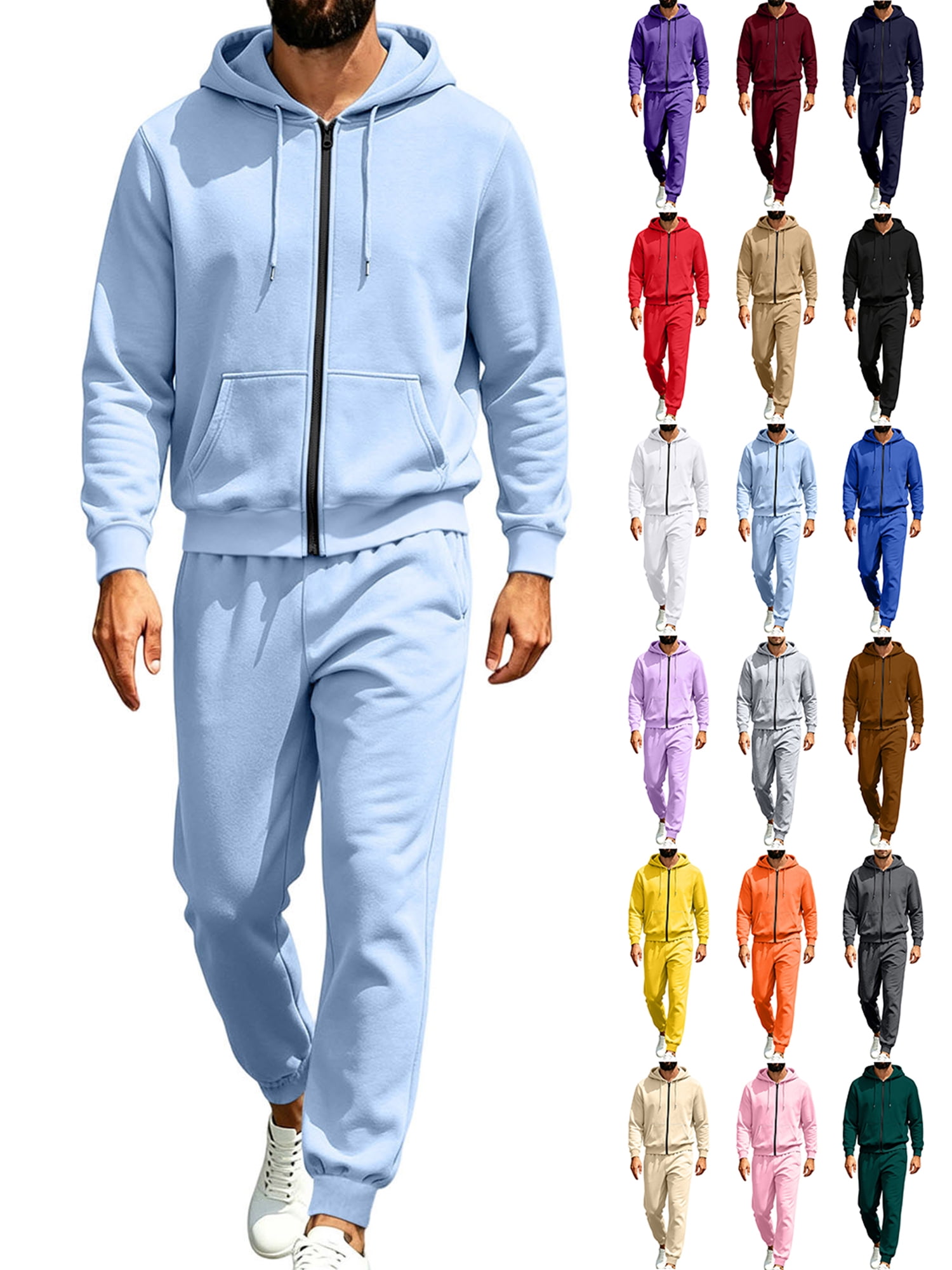 Matching Sets Men Clothing Solid Color Full‑Zip Hooded Sweatshirt ...