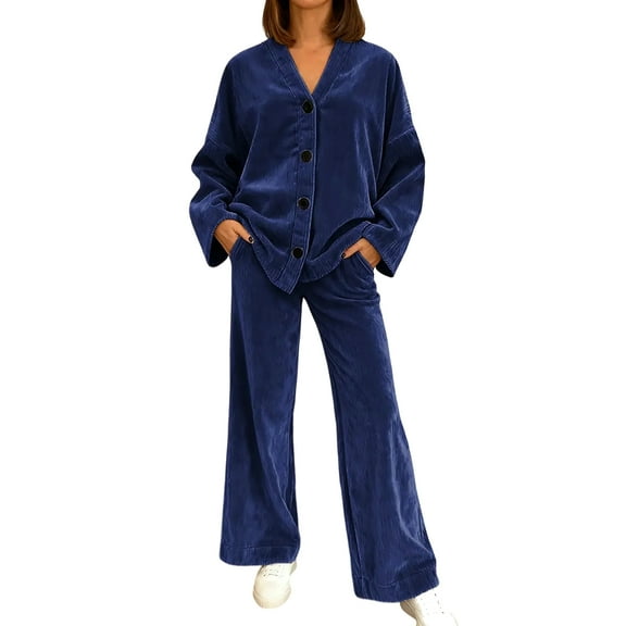 Matching Sets Women Clothing 2 Piece Sets for Women Two Piece Set Casual 2 Piece Outfit for Women - Long Sleeve Button Down Shirt   Flare Pleated Wide Leg Pants Sets Streetwear, Dark Blue-L