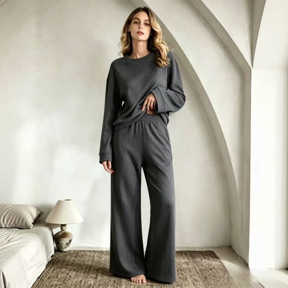 Matching Sets Women Clothing 2 Piece Sweatshirt Wide Leg Sweatpants Sweatsuits, Casual Tracksuit Lounge Sets L