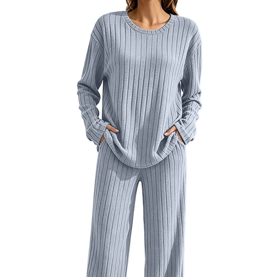 Matching Sets Women Clothing Fall Winter Two Piece Outfit Sets for Women Wide Leg Pants Ribbed Knit Winter Gray L