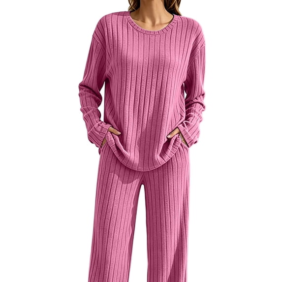 Matching Sets Women Clothing Fall Winter Two Piece Outfit Sets for Women Wide Leg Pants Ribbed Knit Winter Hot Pink XL