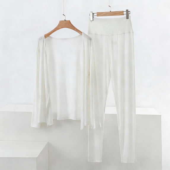 Matching Sets Women Clothing Going out New Women Lightweight Loungewear Sets Long Sleeve Sleepwear Casual Loose Open Front Cardigans High Waisted Pants White L