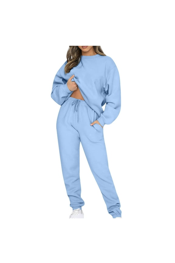 Matching Sets Women Clothing Going out New Fashion Women Casual Solid Long Sleeve Bandage Long Sleeve Round-Neck Blouses Sets Blue XL