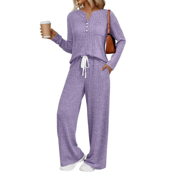 Matching Sets Women Clothing, Hugcore Womens 2 Piece Sets Sweater 2025 Matching Clothes Henley Neck Sweater Top Wide Leg Pants Sweatsuits Lounge Sets for Women Purple, 2XL