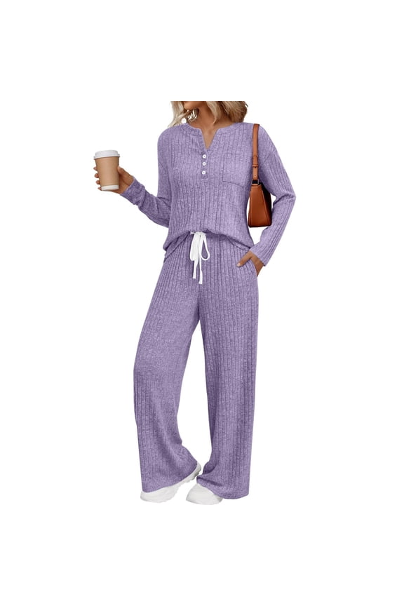 Matching Sets Women Clothing, Hugcore Womens 2 Piece Sets Sweater 2025 Matching Clothes Henley Neck Sweater Top Wide Leg Pants Sweatsuits Lounge Sets for Women Purple, L