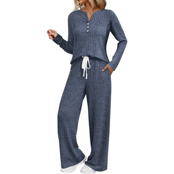 Matching Sets Women Clothing, Hugcore Womens 2 Piece Sets Sweater 2025 Matching Clothes Henley Neck Sweater Top Wide Leg Pants Sweatsuits Lounge Sets for Women Blue, L