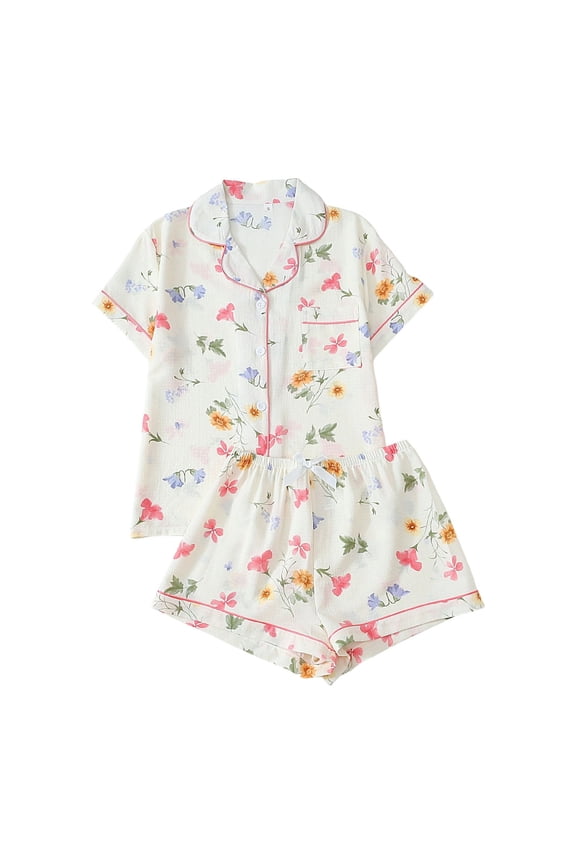 Matching Sets Women Clothing Printed Pajama Short Sleeve Top with Shorts Going Out Outfits,Pink,M