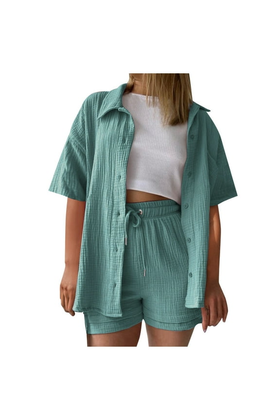 Matching Sets Women Clothing Short Sleeved Button Ruched Shirt Shorts Summer Going Out Outfits,Blue,2XL