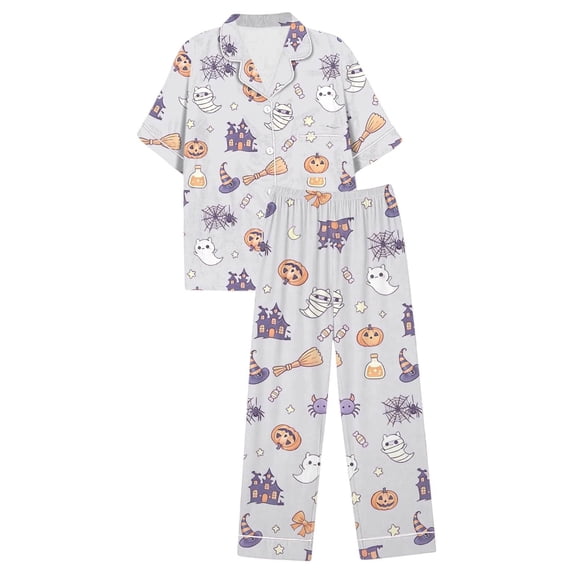 Matching Sets Women Clothing Simple Lightweight Breathable Halloween Fall Soft 2 Piece Sets Cute Pumpkin Short Sleeve Top With Long Pants Soft Pajama Set Gray XXXL