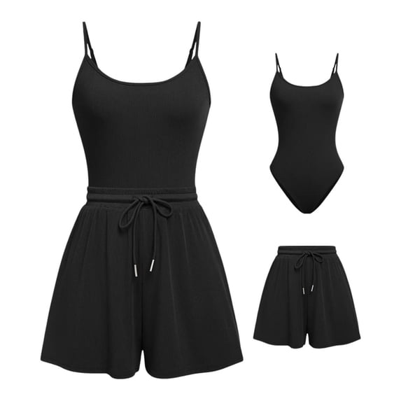 Matching Sets Women Clothing Summer Shorts Suit Ribbed Crew Neck Vacation Outfits,Black,M