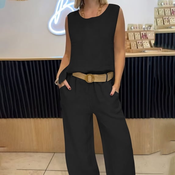 Matching Sets For Women Summer Fashion Clothing Solid Color And Linen Sleeveless Wide Leg Pants Button Zipper Elastic Waist Spring/Summer Matching Outfits 2026 — Black∣2XL