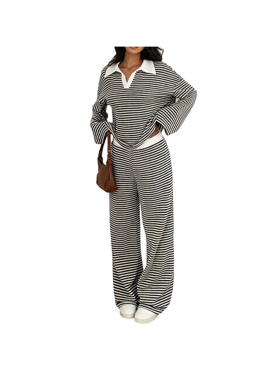 Matching Sets for Women 2 Piece Outfits Striped Polo Collar Long Sleeve Tops Wide Leg Pants Fall Fashion 2026 Travel Airport Loungewear