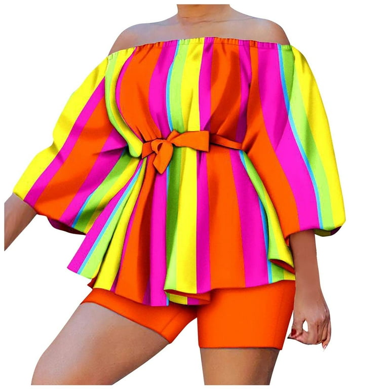 Matching Sets for Women Two Piece Outfits for Women Women Casual Printed  Off Shoulder Bubble Sleeve Top Shorts Set Clearance 