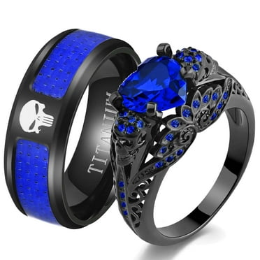 Matching Skull Rings Couple Ring Gold Plated Blue 1CT CZ Women Wedding Ring Set Male Ring