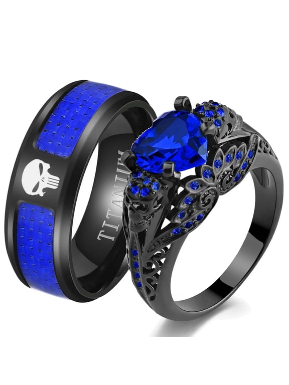 Matching Skull Rings Couple Ring Gold Plated Blue 1CT CZ Women Wedding Ring Set Male Ring