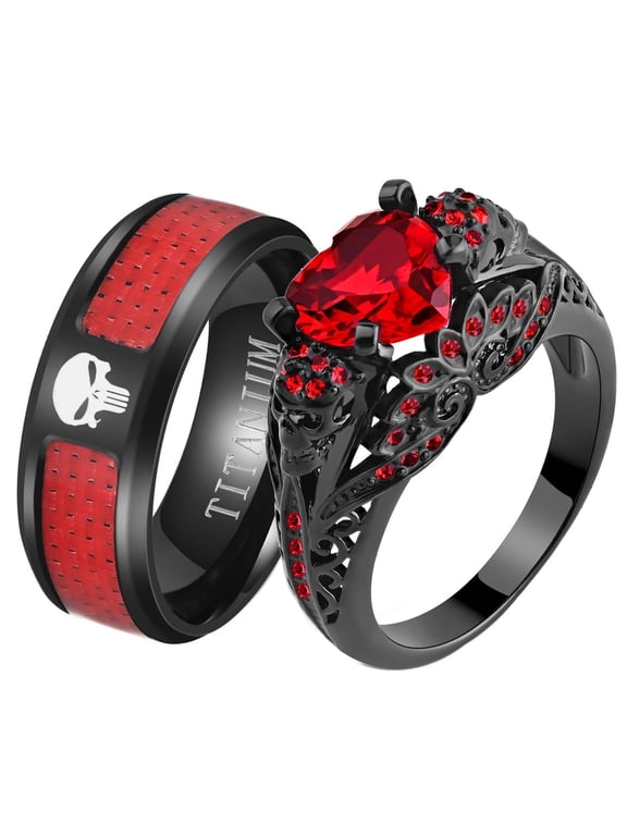 Matching Skull Rings Couple Ring Gold Plated Red 1CT CZ Women Wedding Ring Set Male Ring