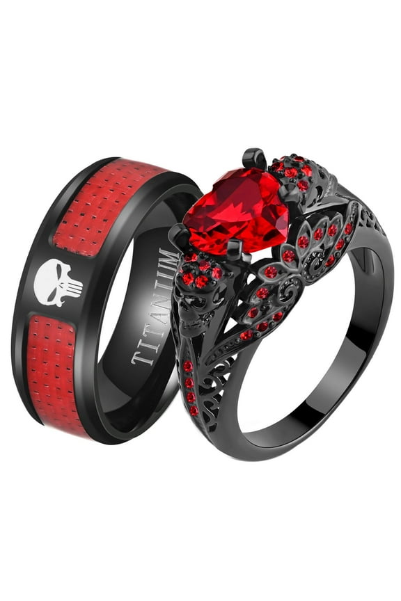 Matching Skull Rings Couple Ring Gold Plated Red 1CT CZ Women Wedding Ring Set Male Ring