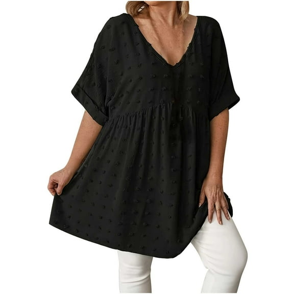 Matching Summer Set for Curvy Women Pompom Detail Top and Flowy Skirt V-Neck Short Sleeve Outfit