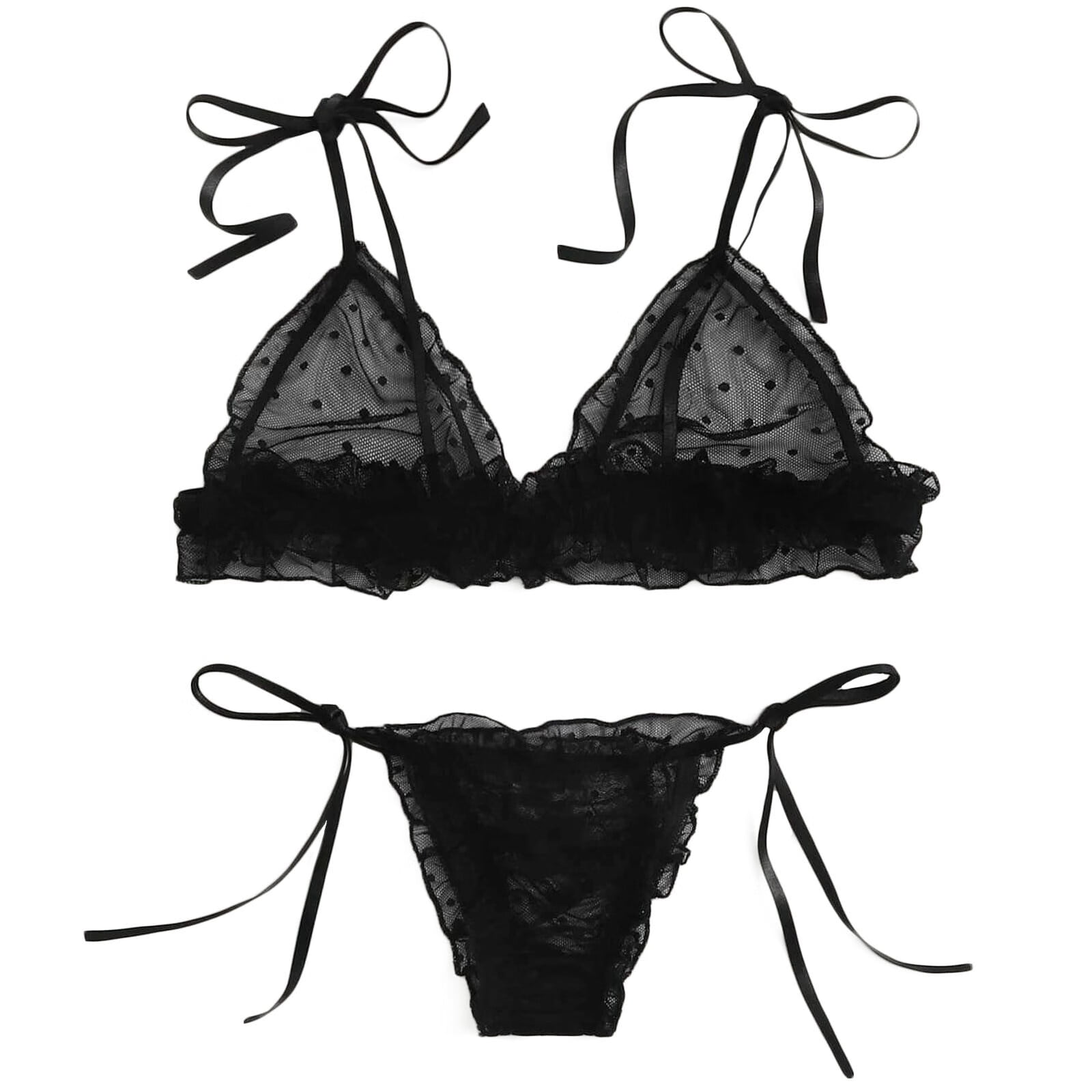 Matching Underwear Lace Bra Thong Set Wireless Mesh Lingerie Matching