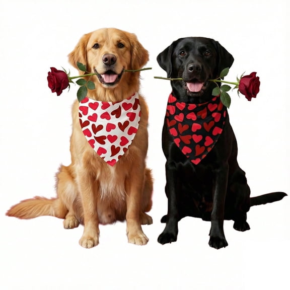 Matching Valentine's Bandana Set for Dogs, Reversible Triangle Scarf for Small Medium Large Dogs, Adjustable Size Gift White Heart + Black Heart