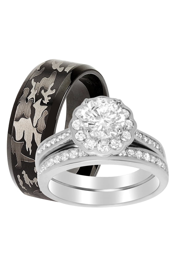 Matching Wedding Rings for Him and Her Halo Bridal Set for Women Size 7 and Black Wedding Band for Men Size 10