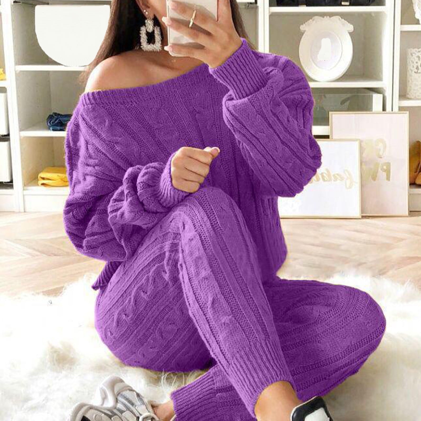 GORGLITTER Women's 2 Piece Ribbed Knit Pajama Set Short Sleeve Round Neck  Tee with Long Pants Lounge Outfits Set Mauve Purple Medium at  Women's  Clothing store