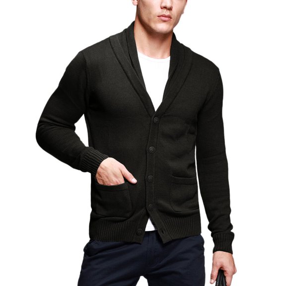 Matchstick Men's V-Neck Shawl Collar Button-up Cardigan Cotton Knitted Sweater with Pockets