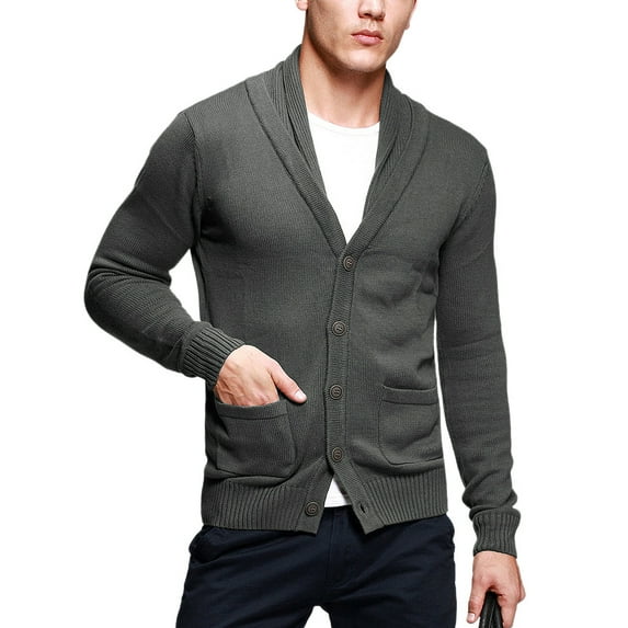 Matchstick Men's V-Neck Shawl Collar Button-up Cardigan Cotton Knitted Sweater with Pockets