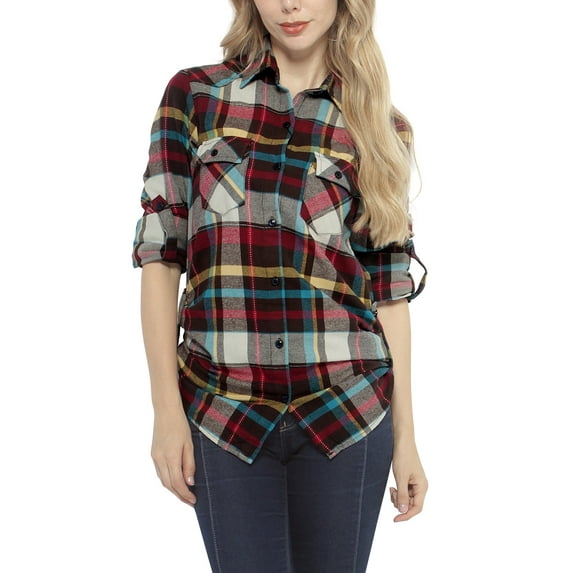 Matchstick Women Long Sleeve Flannel Plaid Checked Shirt (XS-XXL)