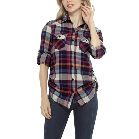 Matchstick Women Long Sleeve Flannel Plaid Checked Shirt (XS-XXL)