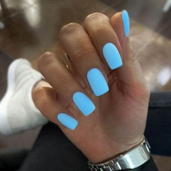 Mate Blue Press On Nails Short Medium Square,Thick Gel Fake Nails Medium,Matte Pure Colored Acrylic Nails Glue on,Natural Short Coffin Stick on Nails Press ons Suitable For Women Girls