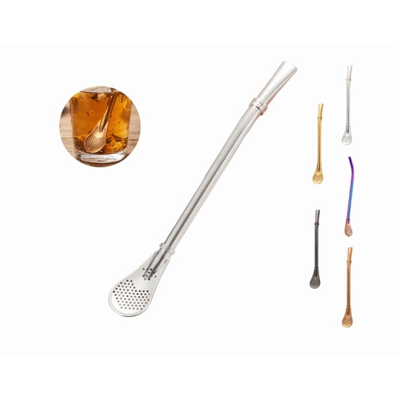 Mate Bombilla Gourd Drinking Filter Straws 304 Food-Grade Stainless Steel 6.1 inch Long Spoon Bombillas Straws for Mate Tea with Cleaning Brush(Silver)