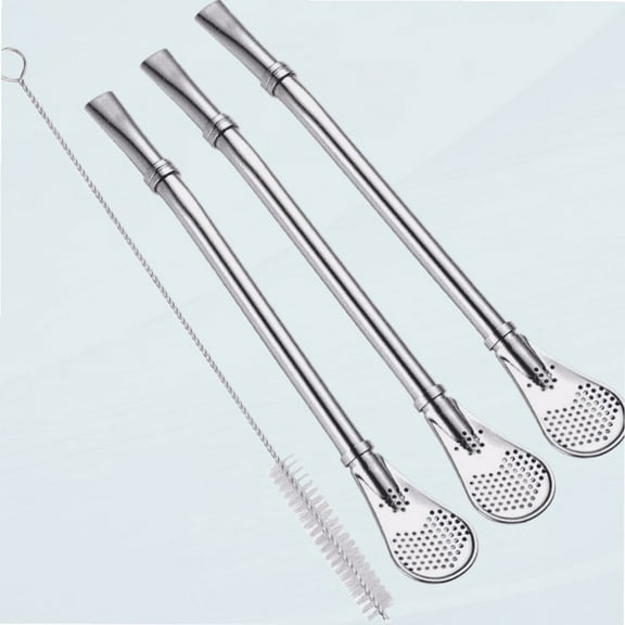 Mate Bombilla Gourd Drinking Filter Straws 304 Food-Grade Stainless Steel 6.1 inch Long Spoon Bombillas Straws for Mate Tea Set of 3 with Cleaning Brush (silver)