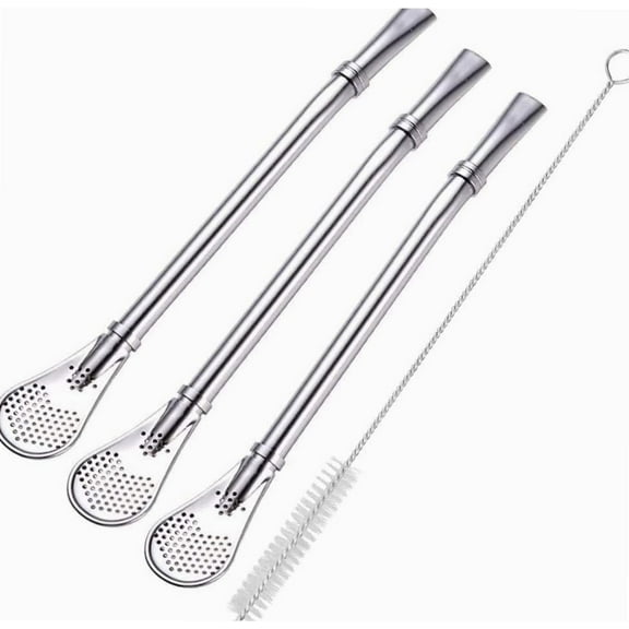 Mate Bombilla Gourd Drinking Filter Straws 304 Food-Grade Stainless Steel 6.1 inch Long Spoon Bombillas Straws for Mate Tea Set of 3 with Cleaning Brush (silver)