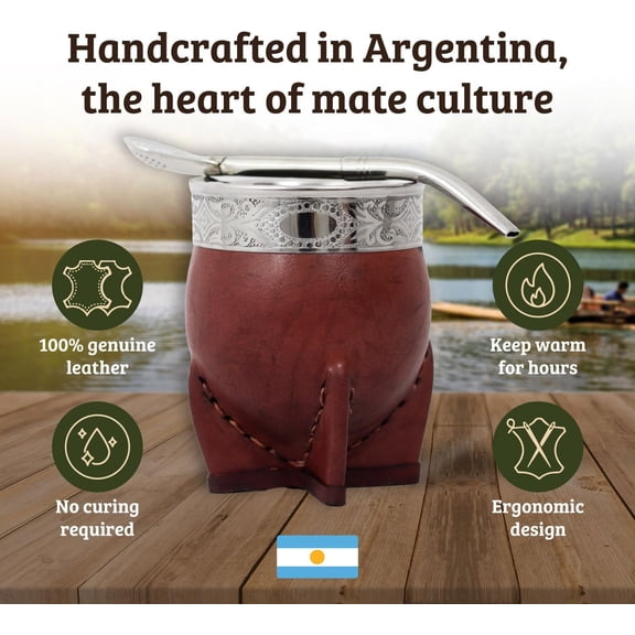 Mate Imperial – Yerba Mate Cup and Bombilla Set| Handmade Argentina Mate Gourd| Stainless Steel Mate Mug for Tea Lovers| Cultural Gift (MIRROR, WINE)