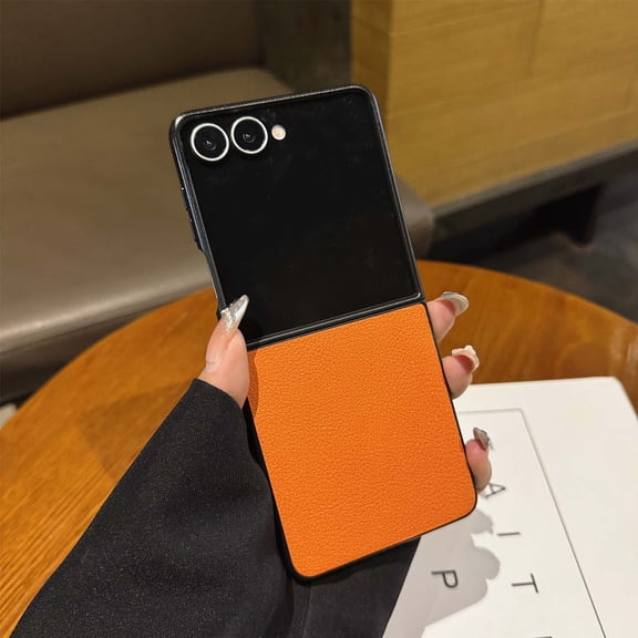 Mate For Samsung Galaxy Z Flip 4 Case PU Leather - Drop Protection & Wireless Charging - Tough Plus Series Cover with Anti Scratch Technology & Shock Absorbing Materials, Orange