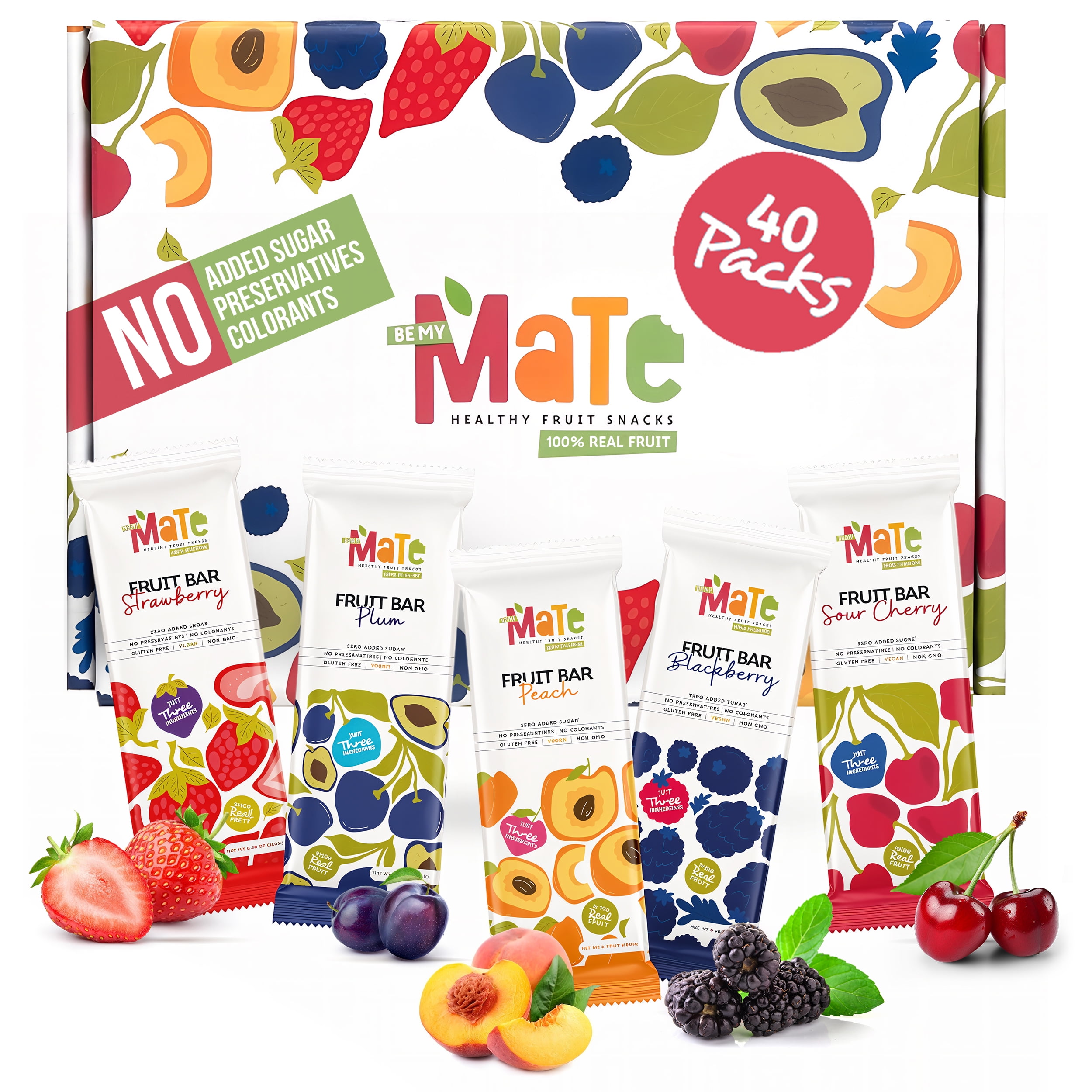 MaTe Healthy Fruit Bar Variety Pack, 40 Count, 100% Real Fruit Snacks, Gluten Free, Vegan, Non-GMO, No Added Sugar, Strawberry, Plum, Peach, Blackberry & Sour Cherry