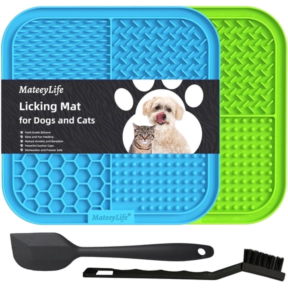 MateeyLife 2PCS Lick Mat with Suction Cups for Dogs and Cats, 7.9'' × 7.9'' Food Grade Silicone Licking Mat with Spatula and brush, Blue&Green