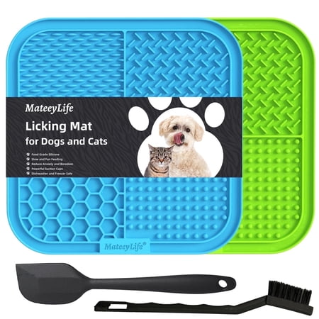MateeyLife 2PCS Lick Mat with Suction Cups for Dogs and Cats, 7.9'' × 7.9'' Food Grade Silicone Licking Mat with Spatula and brush, Blue&Green
