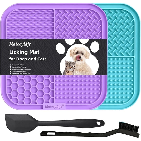 MateeyLife 2PCS Lick Mat with Suction Cups for Dogs and Cats, 7.9'' × 7.9'' Food Grade Silicone Licking Mat with Spatula and brush, Purple&Light Blue