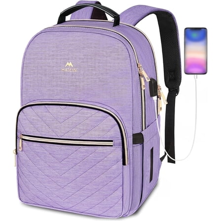Matein 15.6 in Laptop Backpack for Women, Waterproof Computer Backpacks with USB Charging Port for School Work Travel, Purple