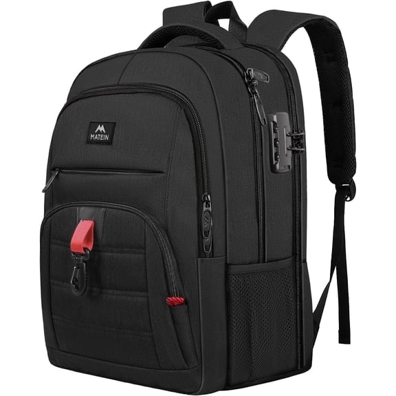 Matein 17in Business Laptop Backpack for Men, Waterproof Backpack with USB Port and Lock for Work Travel School, Black