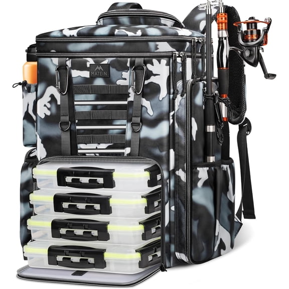 Matein 50L Fishing Backpack with 4*3700 Tackle Boxes, Extra Large Fishing Bag with Rod Holders and Rain Cover for Men, Camouflage