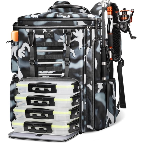 Matein 50L Fishing Backpack with 4*3700 Tackle Boxes, Extra Large Fishing Bag with Rod Holders and Rain Cover for Men, Camouflage