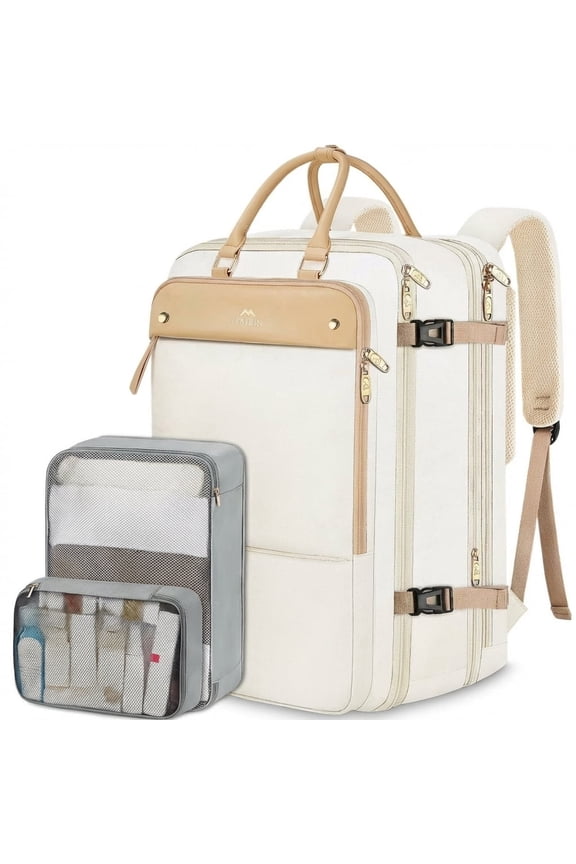 Carry on Backpack, 52L Expandable Travel Backpacks with 2 Packing Cubes and Shoes Compartment for Women
