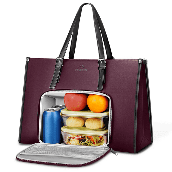 Matein Laptop Tote Bag for Women Men, 15.6 inch Waterproof PU Leather Work Shoulder Bag with Insulated Lunch Compartment, Dark Purple