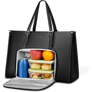 Matein Laptop Tote Bag with Insulated Lunch Compartment for Women Men, 15.6 inch Waterproof PU Leather Business Briefcase Handbag, Black