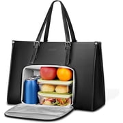 Matein Laptop Tote Bag with Insulated Lunch Compartment for Women Men, 15.6 inch Waterproof PU Leather Business Briefcase Handbag, Black