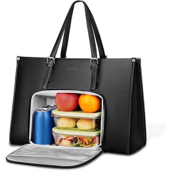 Matein Laptop Tote Bag with Insulated Lunch Compartment for Women Men, 15.6 inch Waterproof PU Leather Business Briefcase Handbag, Black