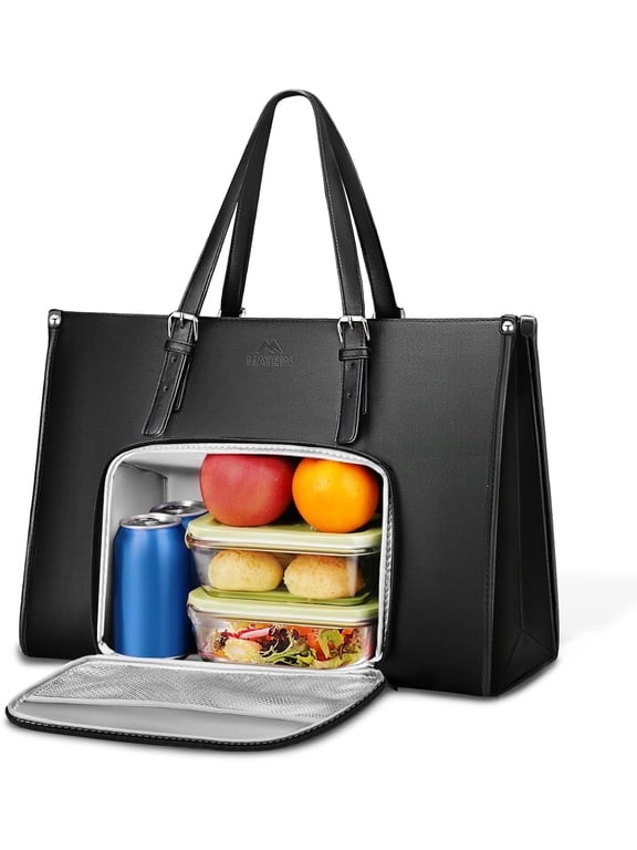 Laptop Tote Bag with Insulated Lunch Compartment for Women Men, 15.6 inch Waterproof PU Leather Business Briefcase Handbag, Black